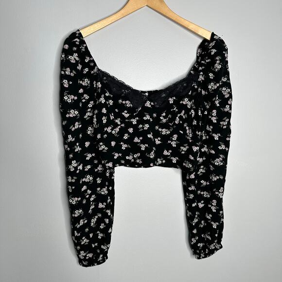 BP. Women’s Lace Trim Long Sleeve Crop Top In Black Kasey Ditsy Size Small - Picture 2 of 9